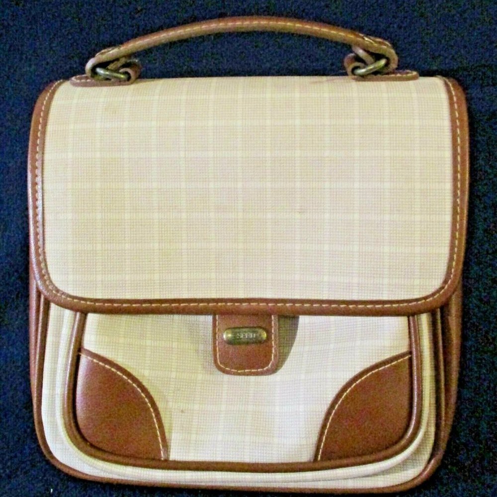 Vintage Esprit Brown and Off White Vinyl Check Handbag Clutch with Handle